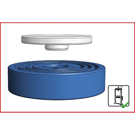 Zwei blaue und weiße Bauteile schweben. Im rechten unteren Eck ein Symbol für eine Presse.